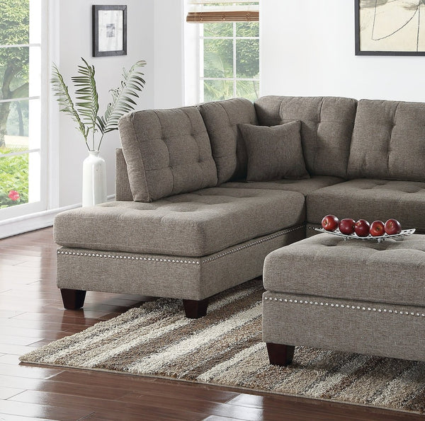 English Elm Modern 3-Piece Sectional Sofa with Reversible Chaise and Ottoman, Tufted Linen-Like Fabric, Stud Trim Coffee 33 L x 15 W x 82 H B011S00471