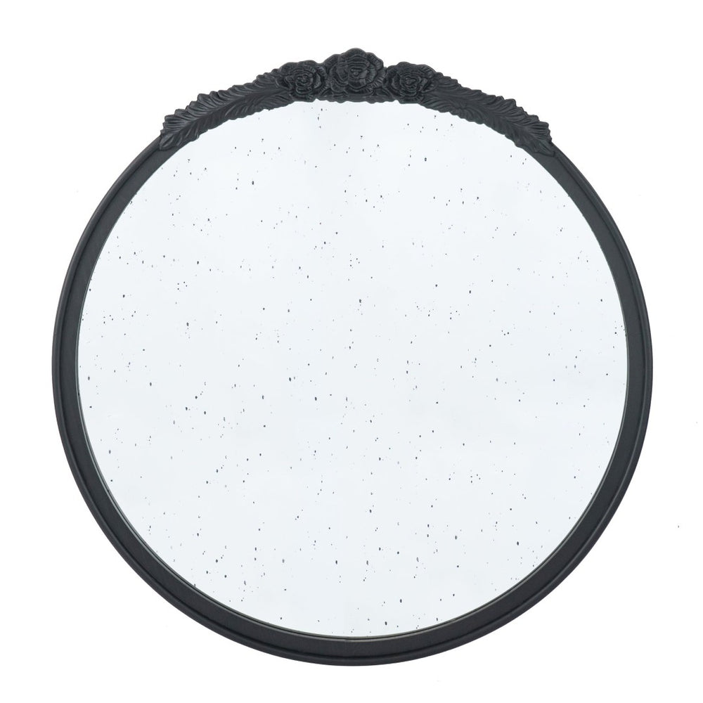 English Elm 30"x30" Round Antique Wall Mirror Hand Carved Rose Arch Frame Matte Vintage Decor Black W2078126751