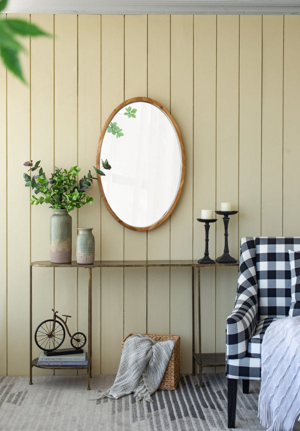English Elm 24" Oval Fir Wood Framed Wall Mirror Rustic Farmhouse Accent for Entryway or Bath W2078126447