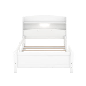 English Elm Wood Twin Platform Bed with LED Headboard Light, Built-In Storage Shelves and Safety Guardrail 93 White WF308150AAK