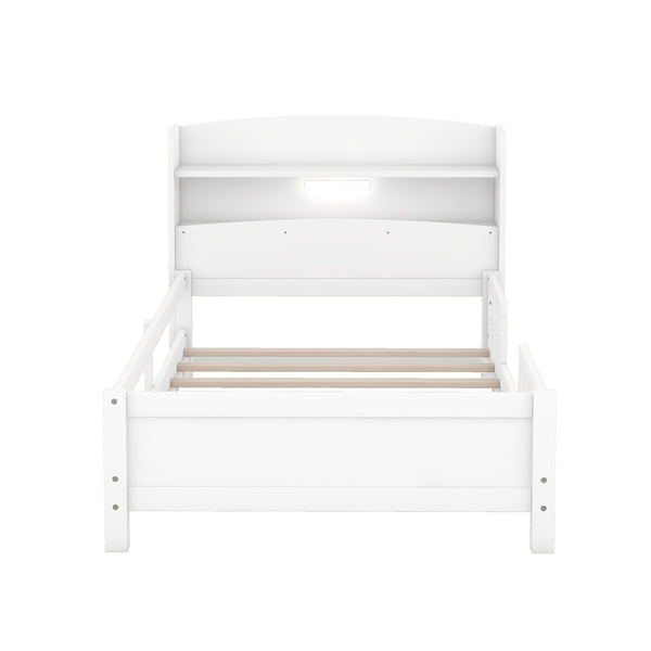 English Elm Wood Twin Platform Bed with LED Headboard Light, Built-In Storage Shelves and Safety Guardrail 93 White WF308150AAK