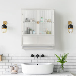 English Elm 23.62"Glass Modern Two-Door Wall Cabinet with Fluted Tempered Glass, Open Shelf, Towel Rack, White, Sleek Storage W757119332