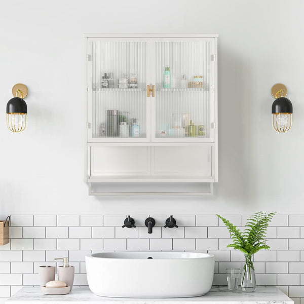 English Elm 23.62"Glass Modern Two-Door Wall Cabinet with Fluted Tempered Glass, Open Shelf, Towel Rack, White, Sleek Storage W757119332