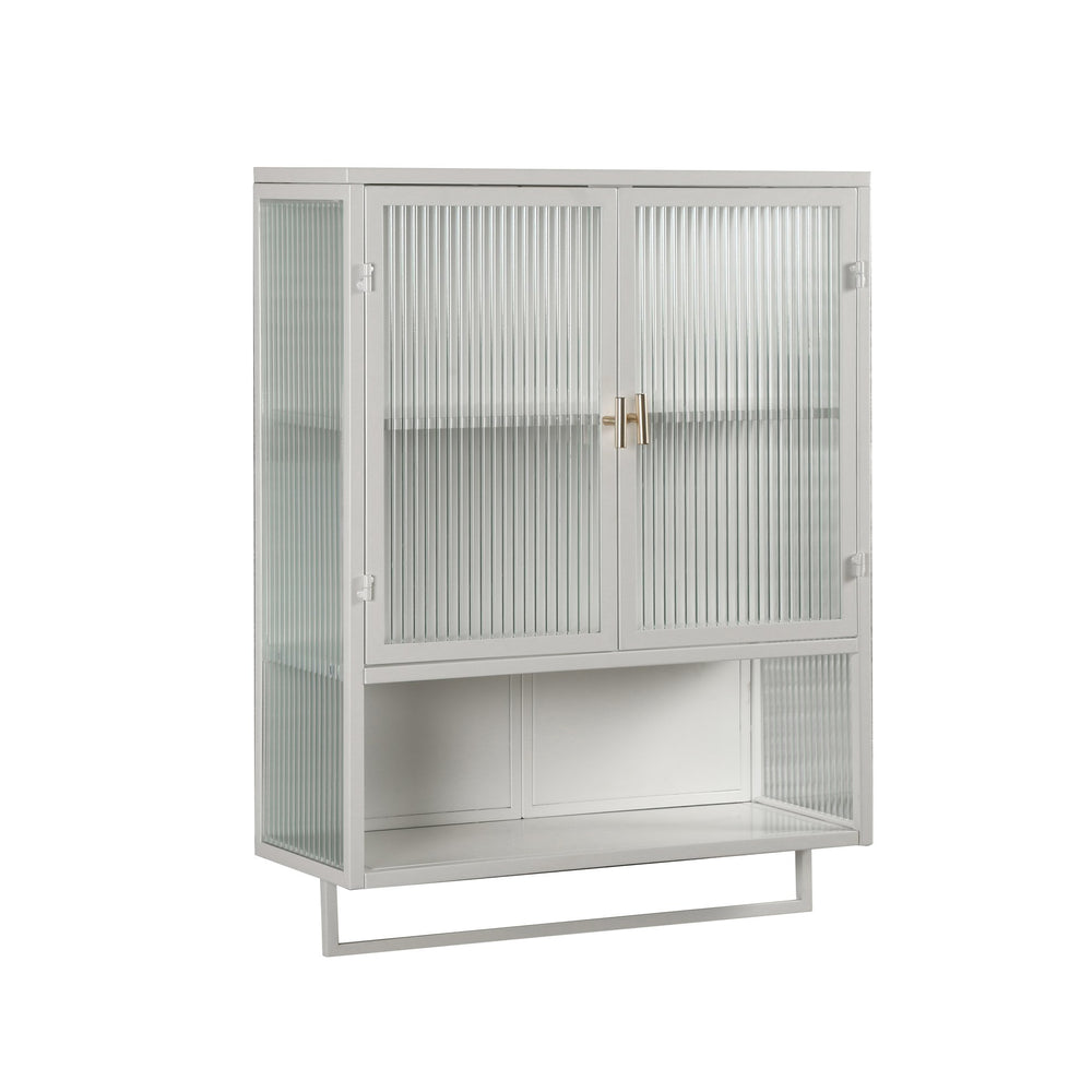 English Elm 23.62"Glass Modern Two-Door Wall Cabinet with Fluted Tempered Glass, Open Shelf, Towel Rack, White, Sleek Storage W757119332