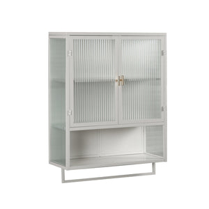 English Elm 23.62"Glass Modern Two-Door Wall Cabinet with Fluted Tempered Glass, Open Shelf, Towel Rack, White, Sleek Storage W757119332