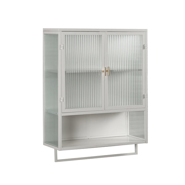 English Elm 23.62"Glass Modern Two-Door Wall Cabinet with Fluted Tempered Glass, Open Shelf, Towel Rack, White, Sleek Storage W757119332