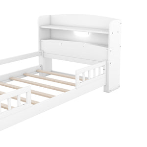 English Elm Wood Twin Platform Bed with LED Headboard Light, Built-In Storage Shelves and Safety Guardrail 93 White WF308150AAK