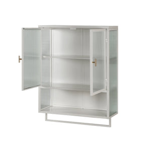 English Elm 23.62"Glass Modern Two-Door Wall Cabinet with Fluted Tempered Glass, Open Shelf, Towel Rack, White, Sleek Storage W757119332