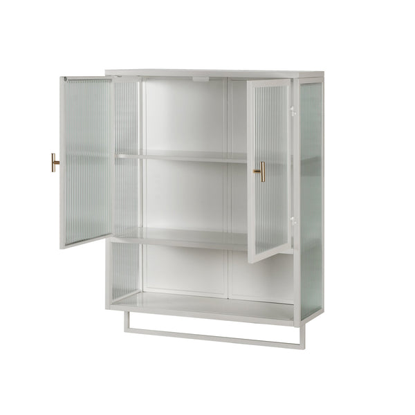 English Elm 23.62"Glass Modern Two-Door Wall Cabinet with Fluted Tempered Glass, Open Shelf, Towel Rack, White, Sleek Storage W757119332