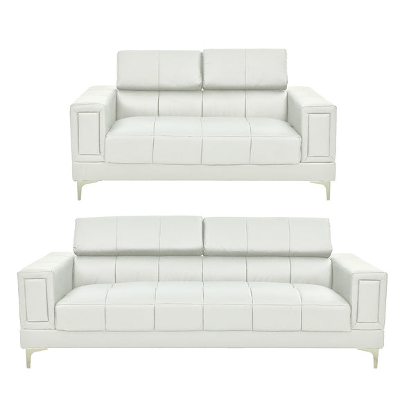 English Elm 2-PCS Modern Sofa Set White Faux Leather with Solid Wood Frame, Metal Legs & Adjustable Headrests — Luxurious Comfort 90" B089S00159
