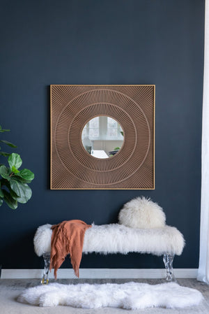 English Elm 40" Square Carved Pleated Wall Mirror Gold Iron Frame Sculptural Living Room Accent Brown W2078126759