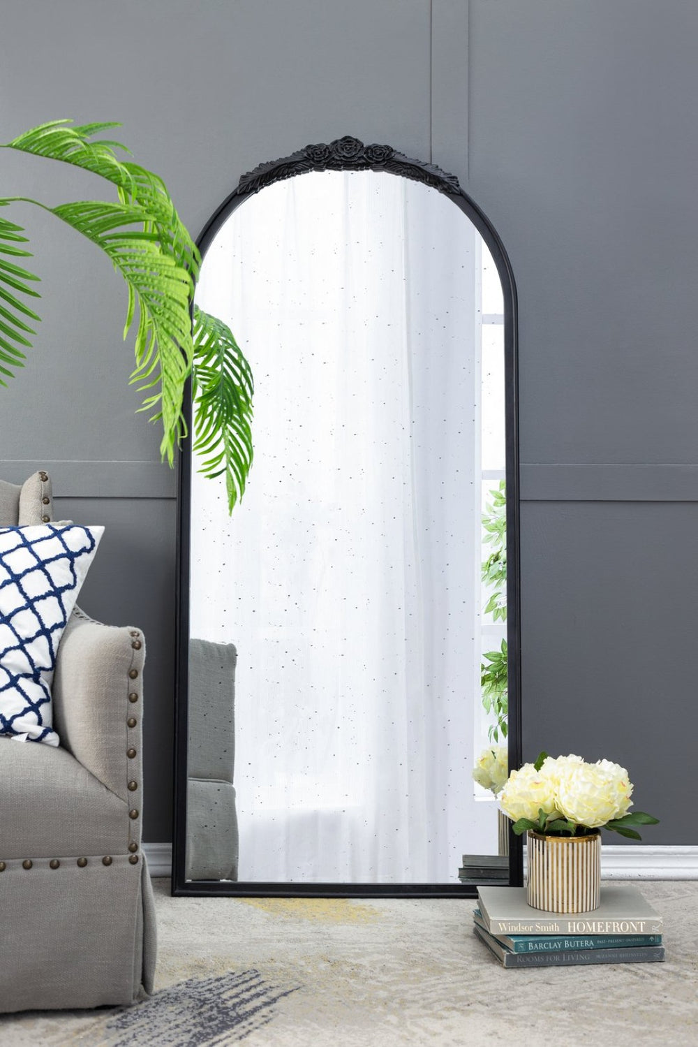 English Elm 30"x30" Round Antique Wall Mirror Hand Carved Rose Arch Frame Matte Vintage Decor Black W2078126748