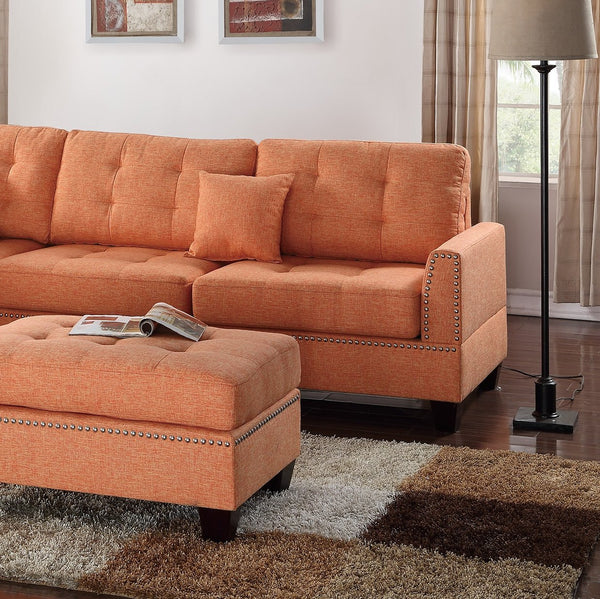 English Elm Modern 3-Piece Sectional Sofa with Reversible Chaise and Ottoman, Tufted Linen-Like Fabric, Stud Trim Orange 33 L x 15 W x 82 H B011S00473