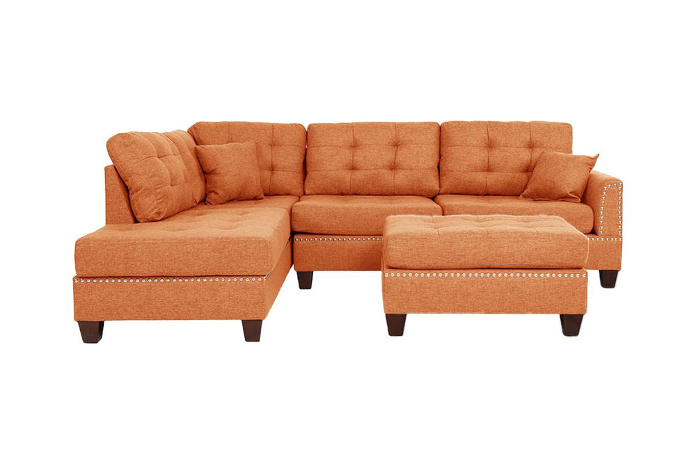 English Elm Modern 3-Piece Sectional Sofa with Reversible Chaise and Ottoman, Tufted Linen-Like Fabric, Stud Trim Orange 33 L x 15 W x 82 H B011S00473