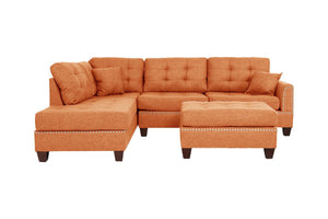 English Elm Modern 3-Piece Sectional Sofa with Reversible Chaise and Ottoman, Tufted Linen-Like Fabric, Stud Trim Orange 33 L x 15 W x 82 H B011S00473