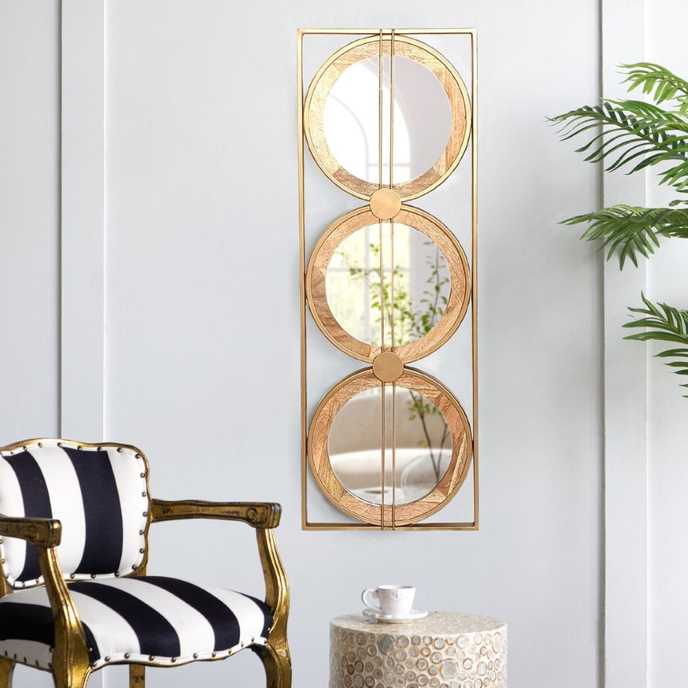 English Elm 3 Stacked Round Mirrors Mango Wood Framed Vertical Wall Art for Boho Living Spaces W2078124321