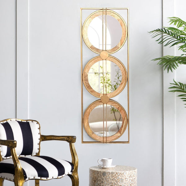 English Elm 3 Stacked Round Mirrors Mango Wood Framed Vertical Wall Art for Boho Living Spaces W2078124321