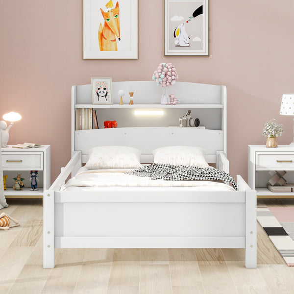 English Elm Wood Twin Platform Bed with LED Headboard Light, Built-In Storage Shelves and Safety Guardrail 93 White WF308150AAK