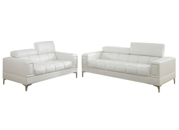 English Elm 2-PCS Modern Sofa Set White Faux Leather with Solid Wood Frame, Metal Legs & Adjustable Headrests — Luxurious Comfort 90" B089S00159
