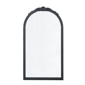 English Elm 23" Arched Wood Wall Mirror Hand Carved Rose Detail Antiqued Glass Entryway Accent Black W2078126746