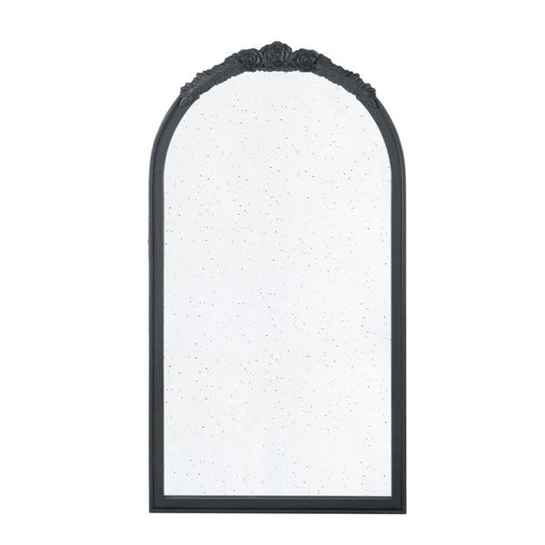 English Elm 23" Arched Wood Wall Mirror Hand Carved Rose Detail Antiqued Glass Entryway Accent Black W2078126746