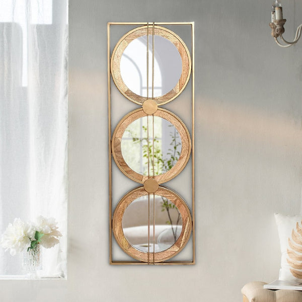English Elm 3 Stacked Round Mirrors Mango Wood Framed Vertical Wall Art for Boho Living Spaces W2078124321