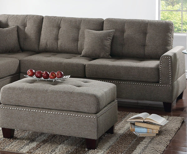 English Elm Modern 3-Piece Sectional Sofa with Reversible Chaise and Ottoman, Tufted Linen-Like Fabric, Stud Trim Coffee 33 L x 15 W x 82 H B011S00471