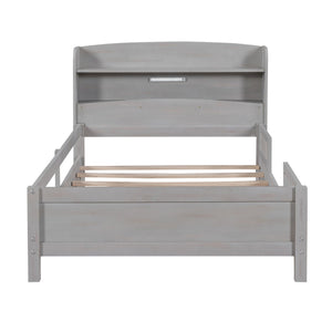 English Elm Wood Twin Platform Bed with LED Headboard Light, Built-In Storage Shelves and Safety Guardrail 93 Antique Gray WF308150AAE