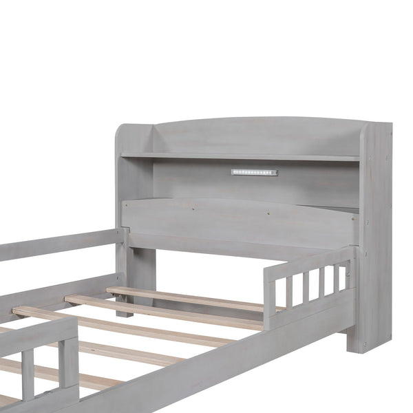English Elm Wood Twin Platform Bed with LED Headboard Light, Built-In Storage Shelves and Safety Guardrail 93 Antique Gray WF308150AAE