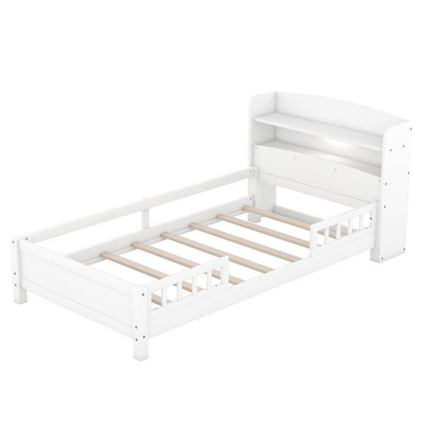 English Elm Wood Twin Platform Bed with LED Headboard Light, Built-In Storage Shelves and Safety Guardrail 93 White WF308150AAK