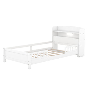 English Elm Wood Twin Platform Bed with LED Headboard Light, Built-In Storage Shelves and Safety Guardrail 93 White WF308150AAK
