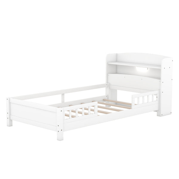 English Elm Wood Twin Platform Bed with LED Headboard Light, Built-In Storage Shelves and Safety Guardrail 93 White WF308150AAK