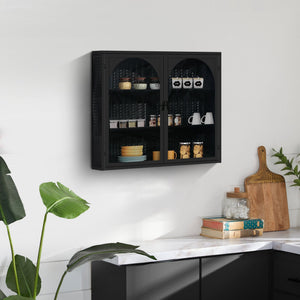 English Elm 27.56"Glass Modern Two-Door Wall Cabinet With Woven Pattern - Stylish Storage For Any Room, Black W757119331