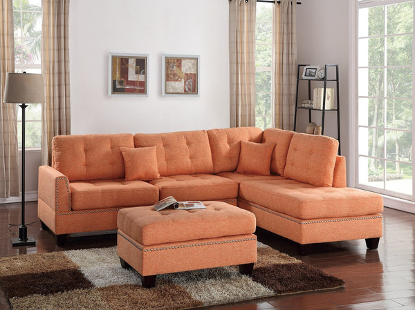 English Elm Modern 3-Piece Sectional Sofa with Reversible Chaise and Ottoman, Tufted Linen-Like Fabric, Stud Trim Orange 33 L x 15 W x 82 H B011S00473