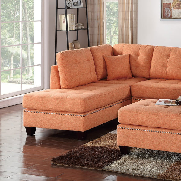 English Elm Modern 3-Piece Sectional Sofa with Reversible Chaise and Ottoman, Tufted Linen-Like Fabric, Stud Trim Orange 33 L x 15 W x 82 H B011S00473