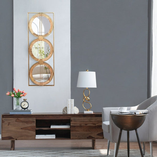 English Elm 3 Stacked Round Mirrors Mango Wood Framed Vertical Wall Art for Boho Living Spaces W2078124321