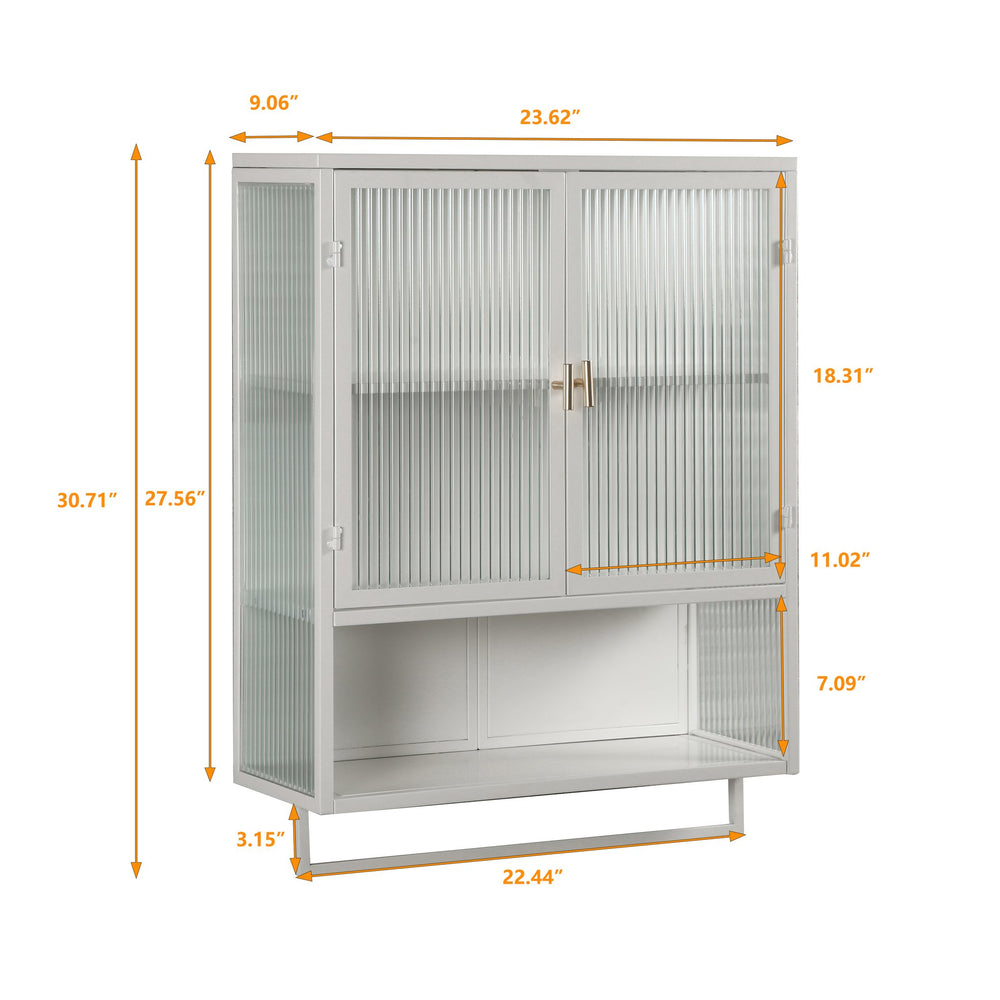 English Elm 23.62"Glass Modern Two-Door Wall Cabinet with Fluted Tempered Glass, Open Shelf, Towel Rack, White, Sleek Storage W757119332