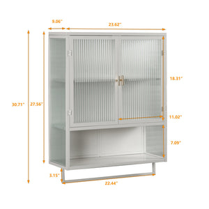 English Elm 23.62"Glass Modern Two-Door Wall Cabinet with Fluted Tempered Glass, Open Shelf, Towel Rack, White, Sleek Storage W757119332
