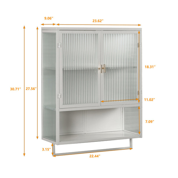 English Elm 23.62"Glass Modern Two-Door Wall Cabinet with Fluted Tempered Glass, Open Shelf, Towel Rack, White, Sleek Storage W757119332
