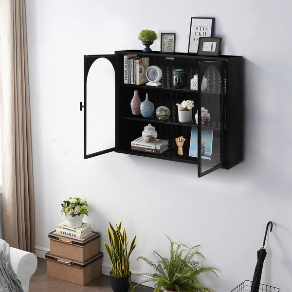 English Elm 27.56"Glass Modern Two-Door Wall Cabinet With Woven Pattern - Stylish Storage For Any Room, Black W757119331