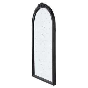 English Elm 23" Arched Wood Wall Mirror Hand Carved Rose Detail Antiqued Glass Entryway Accent Black W2078126746