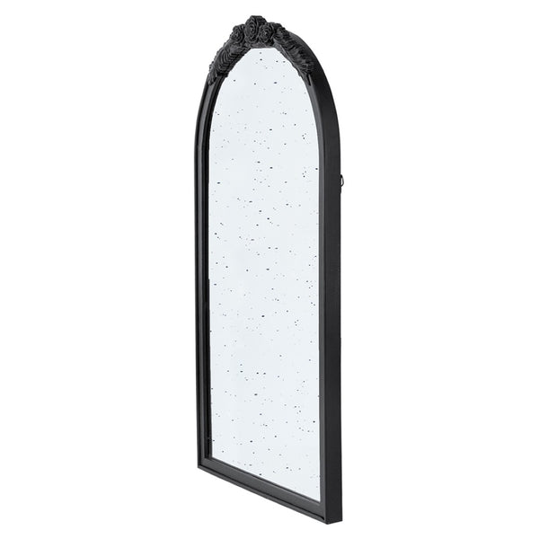 English Elm 23" Arched Wood Wall Mirror Hand Carved Rose Detail Antiqued Glass Entryway Accent Black W2078126746