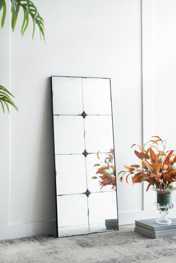 English Elm 21x47" Antiqued Glass Rectangular Wall Mirror with Floral Resin Corners for Entryway W2078126445
