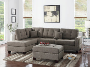 English Elm Modern 3-Piece Sectional Sofa with Reversible Chaise and Ottoman, Tufted Linen-Like Fabric, Stud Trim Coffee 33 L x 15 W x 82 H B011S00471