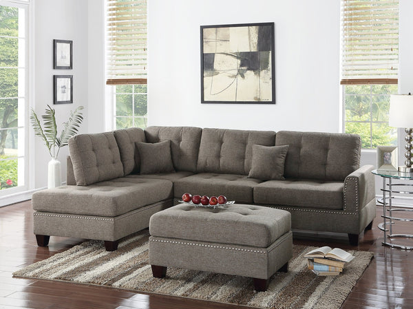 English Elm Modern 3-Piece Sectional Sofa with Reversible Chaise and Ottoman, Tufted Linen-Like Fabric, Stud Trim Coffee 33 L x 15 W x 82 H B011S00471