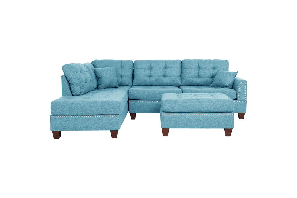 English Elm Modern Blue 3-Piece Reversible Sectional Sofa with Tufted Cushions, Nickel Stud Trim & Ottoman, Plush Comfort B011S00472