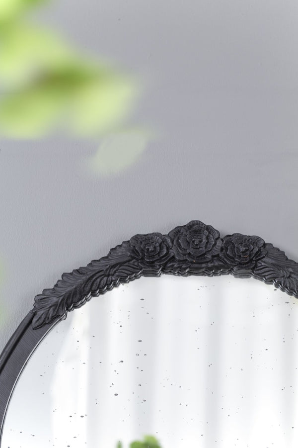 English Elm 23" Arched Wood Wall Mirror Hand Carved Rose Detail Antiqued Glass Entryway Accent Black W2078126746
