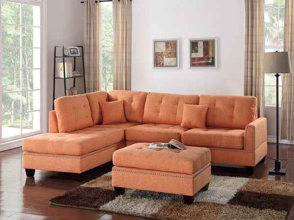 English Elm Modern 3-Piece Sectional Sofa with Reversible Chaise and Ottoman, Tufted Linen-Like Fabric, Stud Trim Orange 33 L x 15 W x 82 H B011S00473