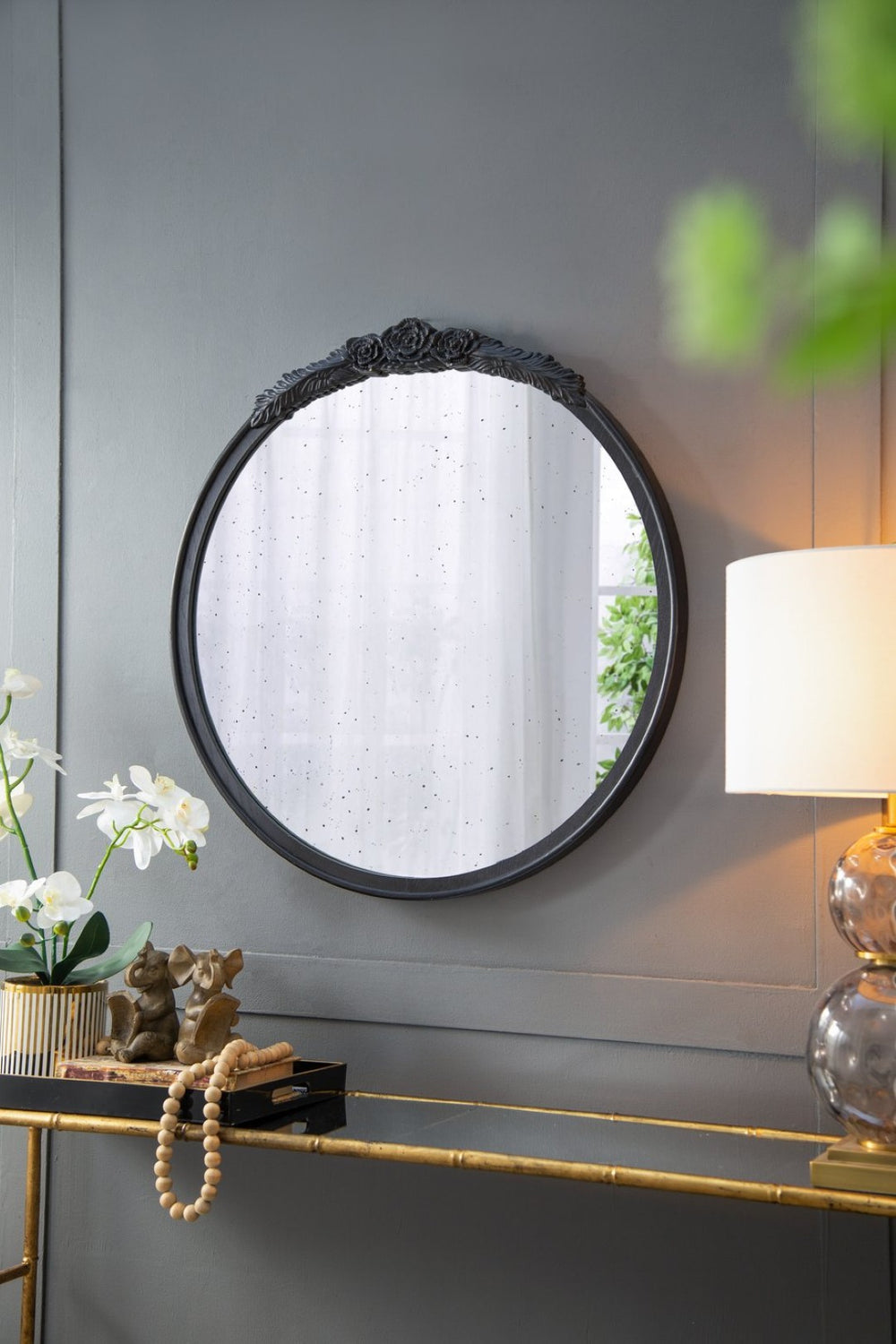 English Elm 30"x30" Round Antique Wall Mirror Hand Carved Rose Arch Frame Matte Vintage Decor Black W2078126751