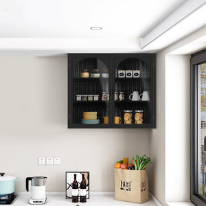 English Elm 27.56"Glass Modern Two-Door Wall Cabinet With Woven Pattern - Stylish Storage For Any Room, Black W757119331